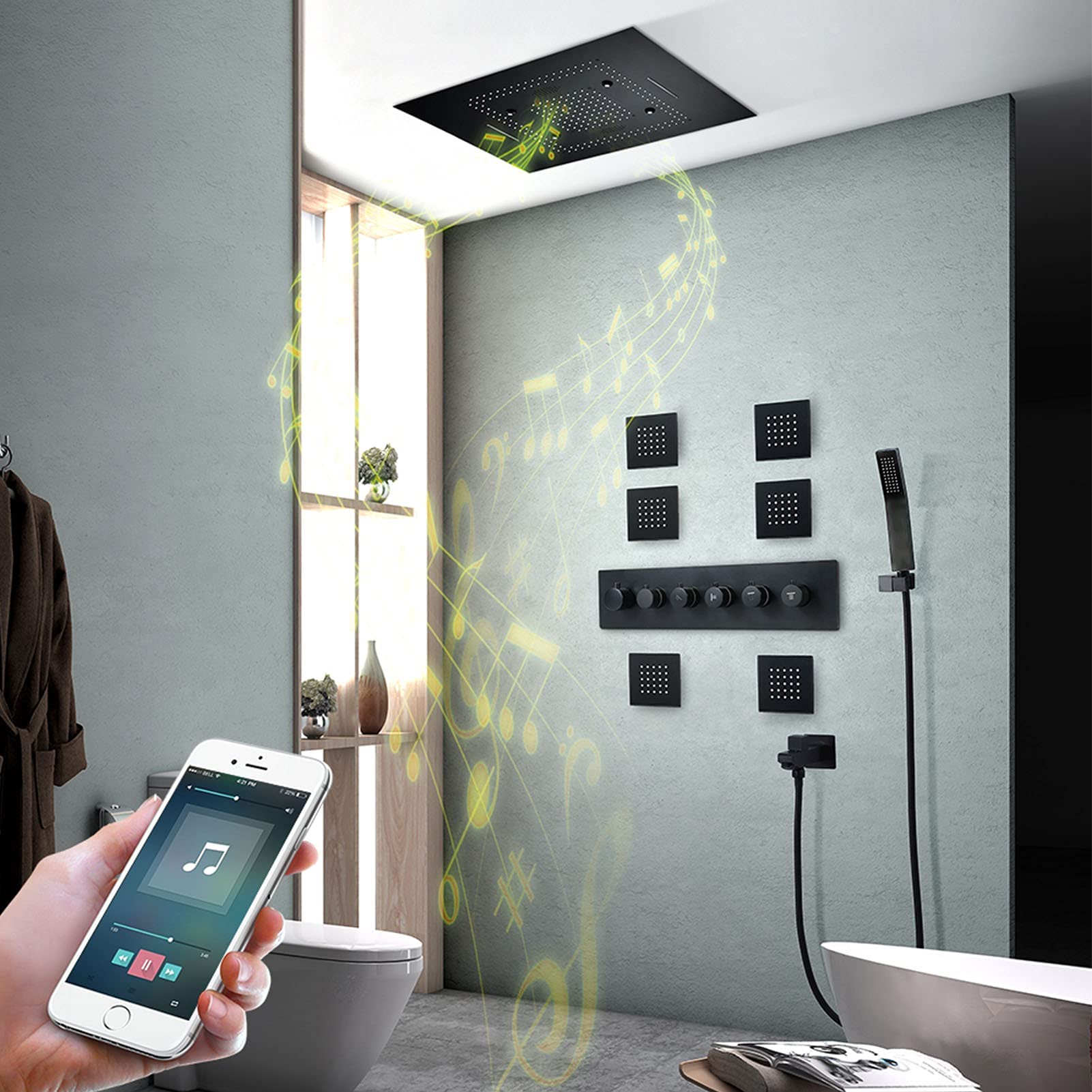 Sistema doccia a LED musicale, nero, soffione doccia a LED con doccetta a mano SPA Body Jet, set doccia termostatico, controllo telefono (controllo telefono)