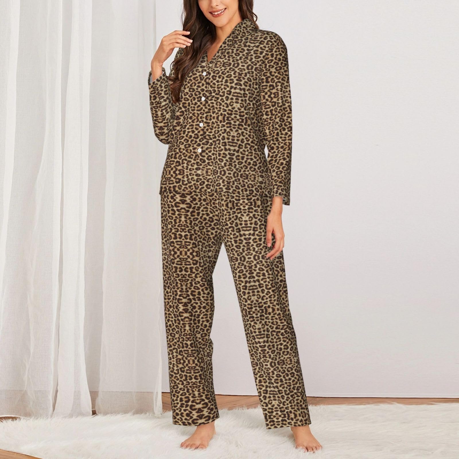 Divertente pigiama a maniche lunghe da donna con stampa leopardata morbida set da notte confortevole regalo