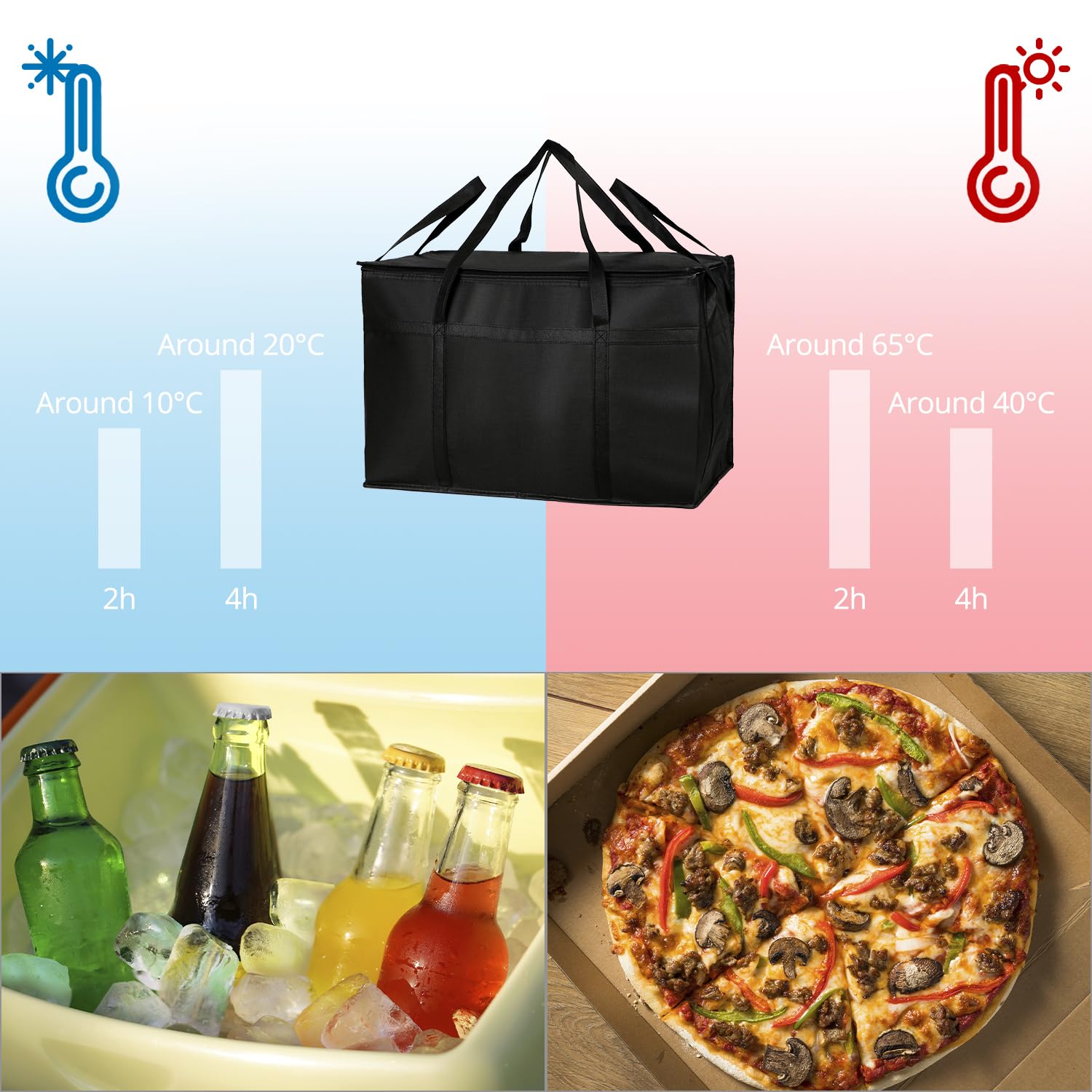 QWORK® Bolsa termica Porta Alimentos 58 * 35 * 38cm, Mantiene la Comida fría/Caliente, Ideal para Pizza, latas de Cerveza y Entrega de Comida