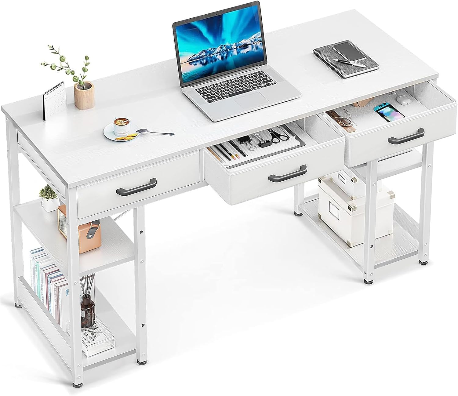 ODK Office Small Computer Desk: Home Table with Fabric Drawers & Storage Shelves, Modern Writing Desk, White, 48"x16"