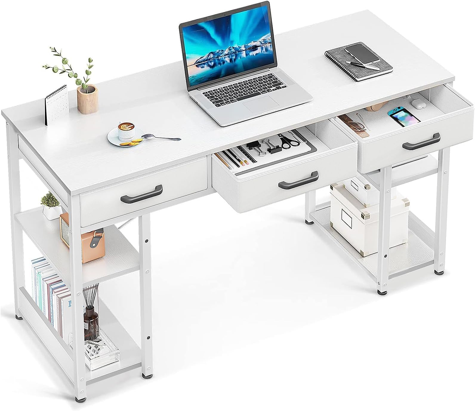 ODK Office Small Computer Desk: Home Table with Fabric Drawers & Storage Shelves, Modern Writing Desk, White, 48"x16"
