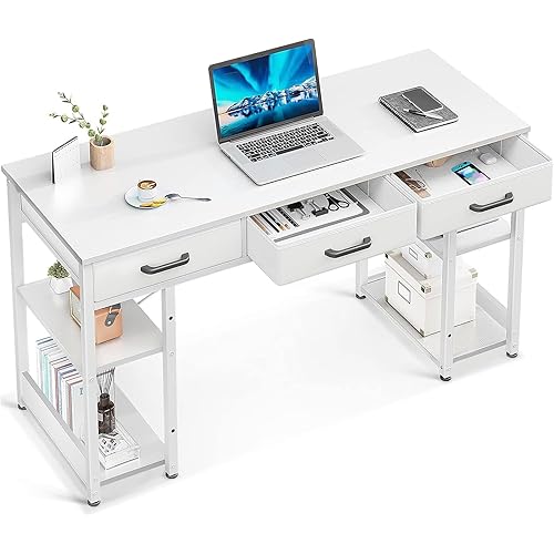 ODK Office Small Computer Desk: Home Table with Fabric Drawers & Storage Shelves, Modern Writing Desk, White, 48"x16"
