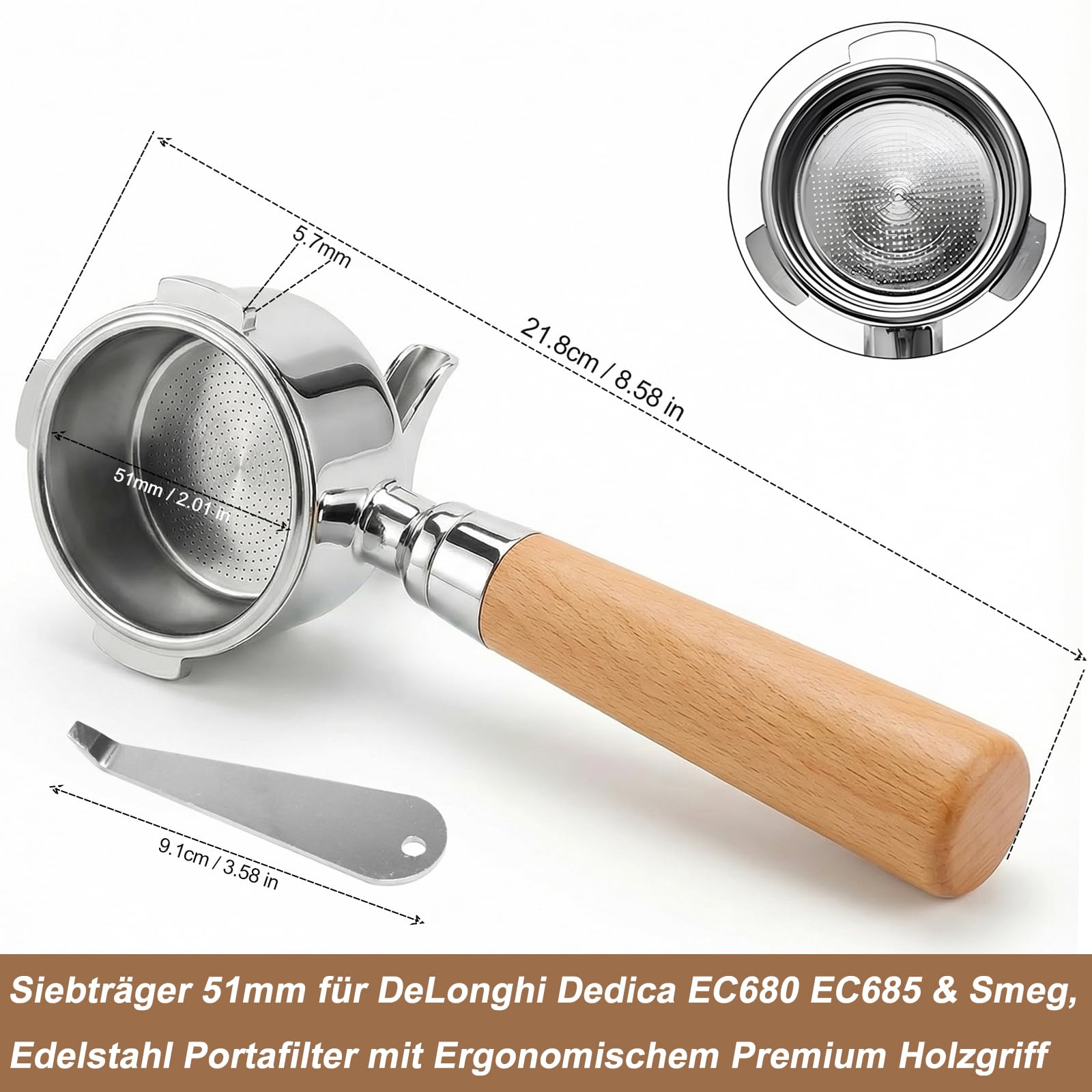 Portafiltros 51mm para DeLonghi Dedica EC680 EC685 y Smeg, portafiltro de acero inoxidable con mango ergonómico de madera premium, doble salida, diseño de 3 orejas, portafiltro de espresso, incluye