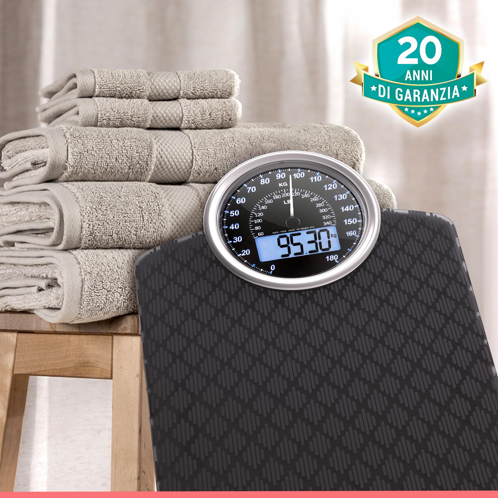 Hybrid Bilancia Pesapersone - Analogica & Digitale, Precisa fino a 180 kg | Leggete il peso su quadrante analogico e LCD insieme. Piattaforma larga, 3 batterie AAA incluse, pronta all'uso.