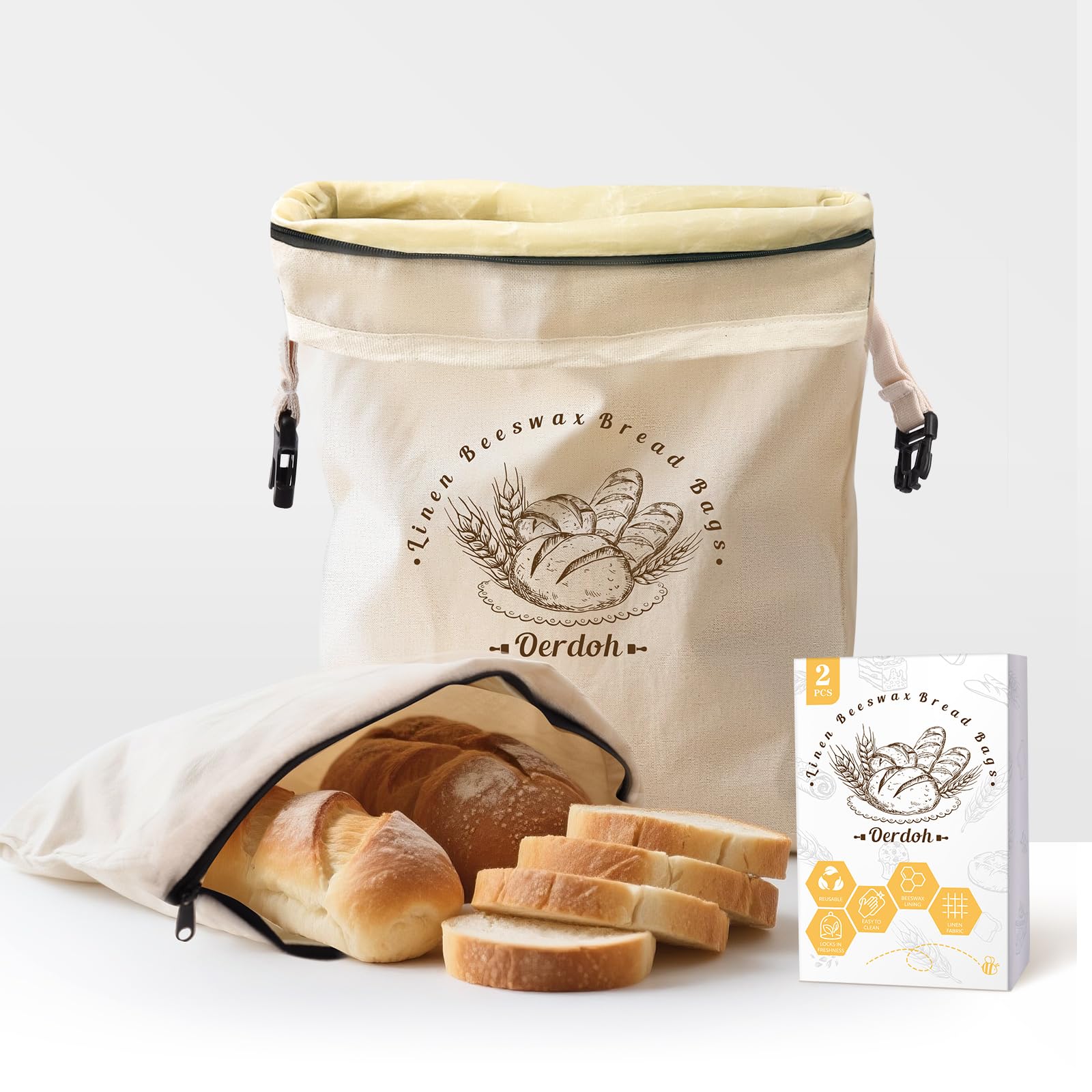 Photo 1 of Oerdoh Bread Bags for Homemade Bread - 2 Packs XL Reusable Organic Beeswax Linen Cotton Sourdough Bag, Homesteading Essentials Sourdough Bags with Sealing Zip to Keep Fresh