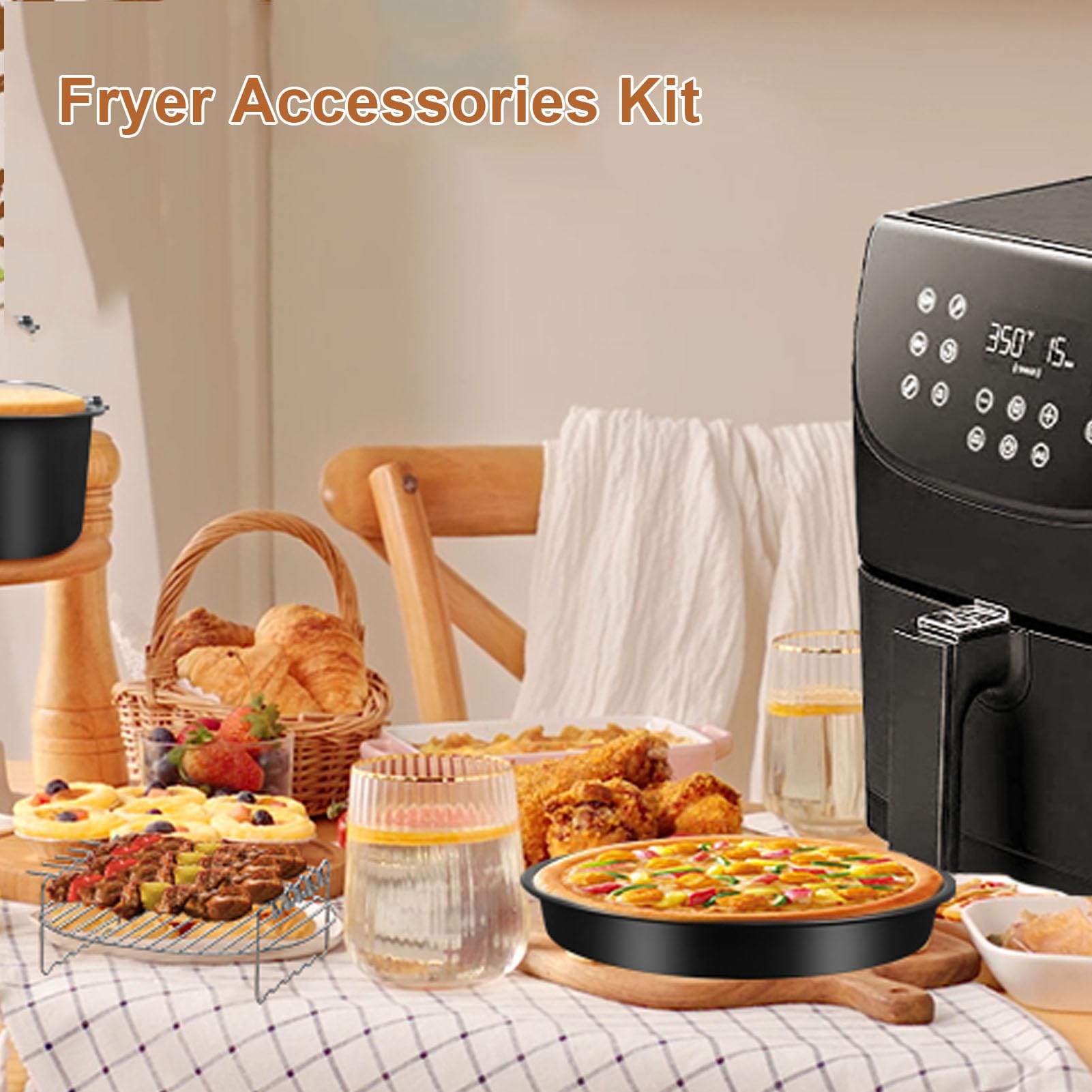 Ensemble D'accessoires pour Friteuse de 7 Pouces, Moule à Gâteau, Poêle à Pizza, Support à Brochettes, Brosse à Huile, Tapis en Silicone, Pince de Plaque de Cuisine pour Friteuse