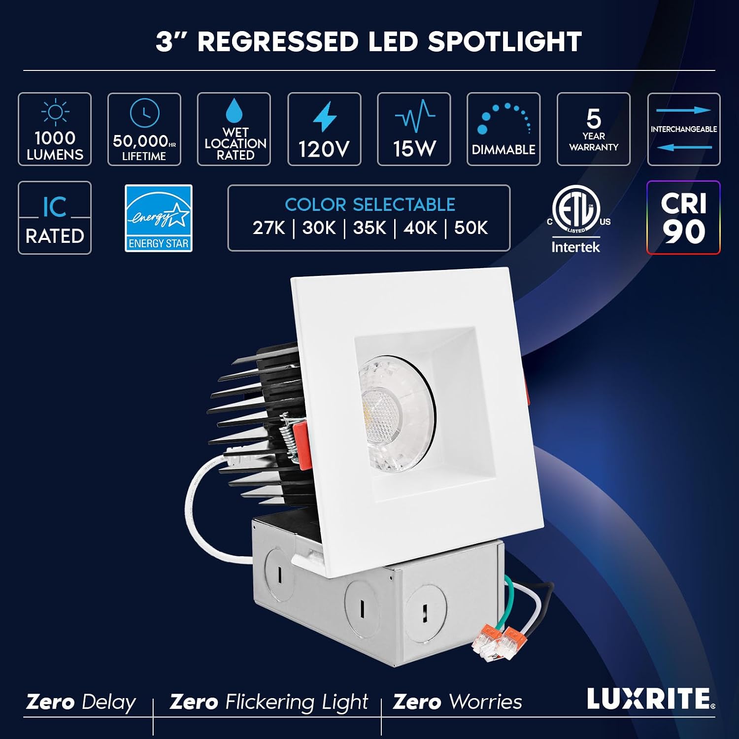 Luxrite 3 Inch Square LED Recessed Lights with Junction Box, CRI 90, 5CCT Selectable 2700K/3000K/3500K/4000K/5000K, 1000LM, 15W, Dimmable, Energy Star, ETL, IC & Wet Rated, Interchangeable Trim 4-Pack