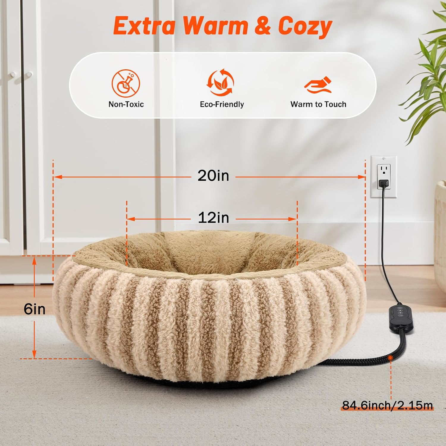 Toove Heated Cat Bed Indoor - 20" Heating Donut Pet Bed for Cats and Small Dogs, Ultra Soft & Cozy Sleeping Cat Beds, Machine Washable, Waterproof & Safe Warming with Timer and Temperature Control