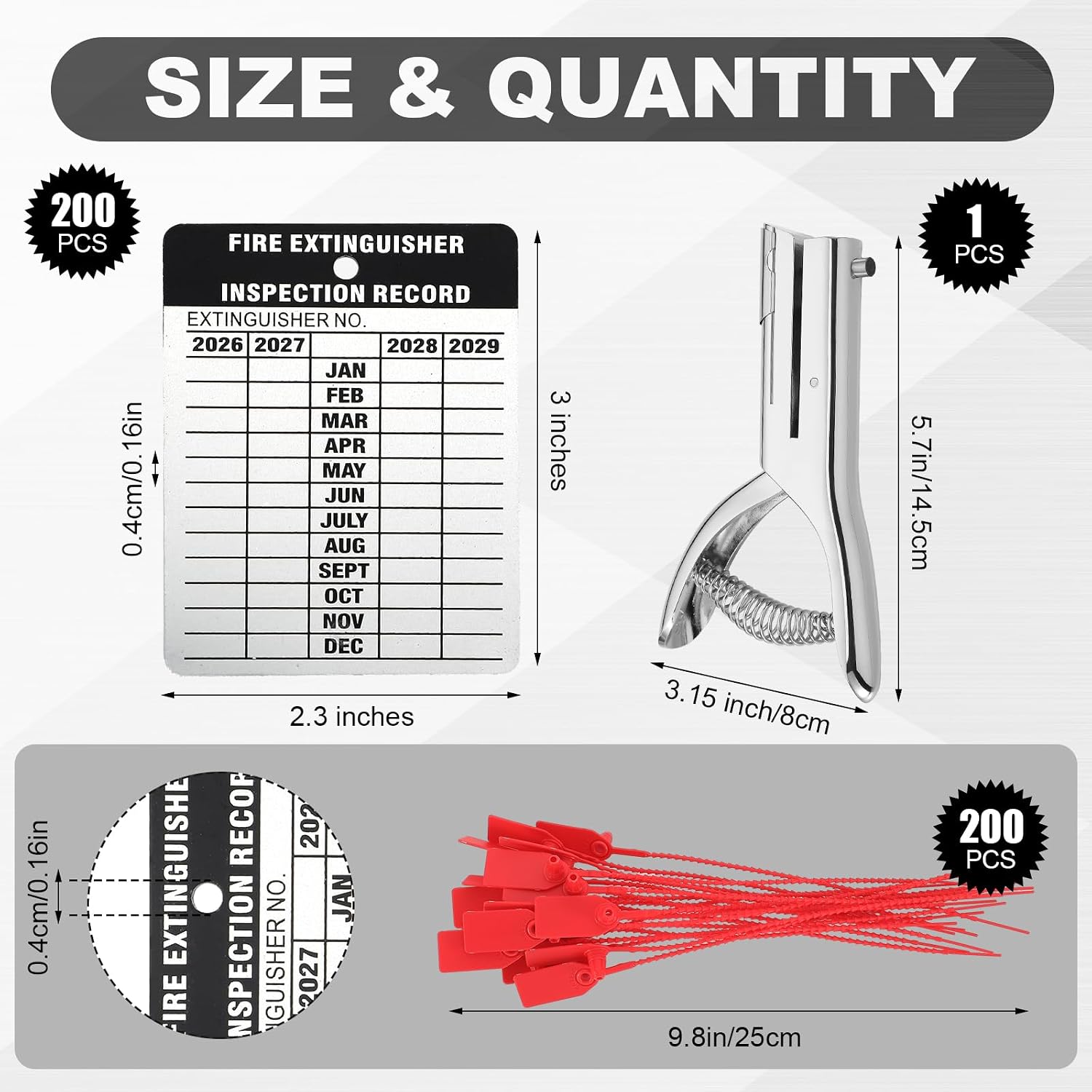 Moxweyeni 200 Set Fire Extinguisher Tag Bulk 2026-2029 Monthly Aluminum Metal Fire Extinguisher Inspection Record Tags with Tamper Seals & Hole Puncher - Tear Proof Weatherproof for Indoor Outdoor