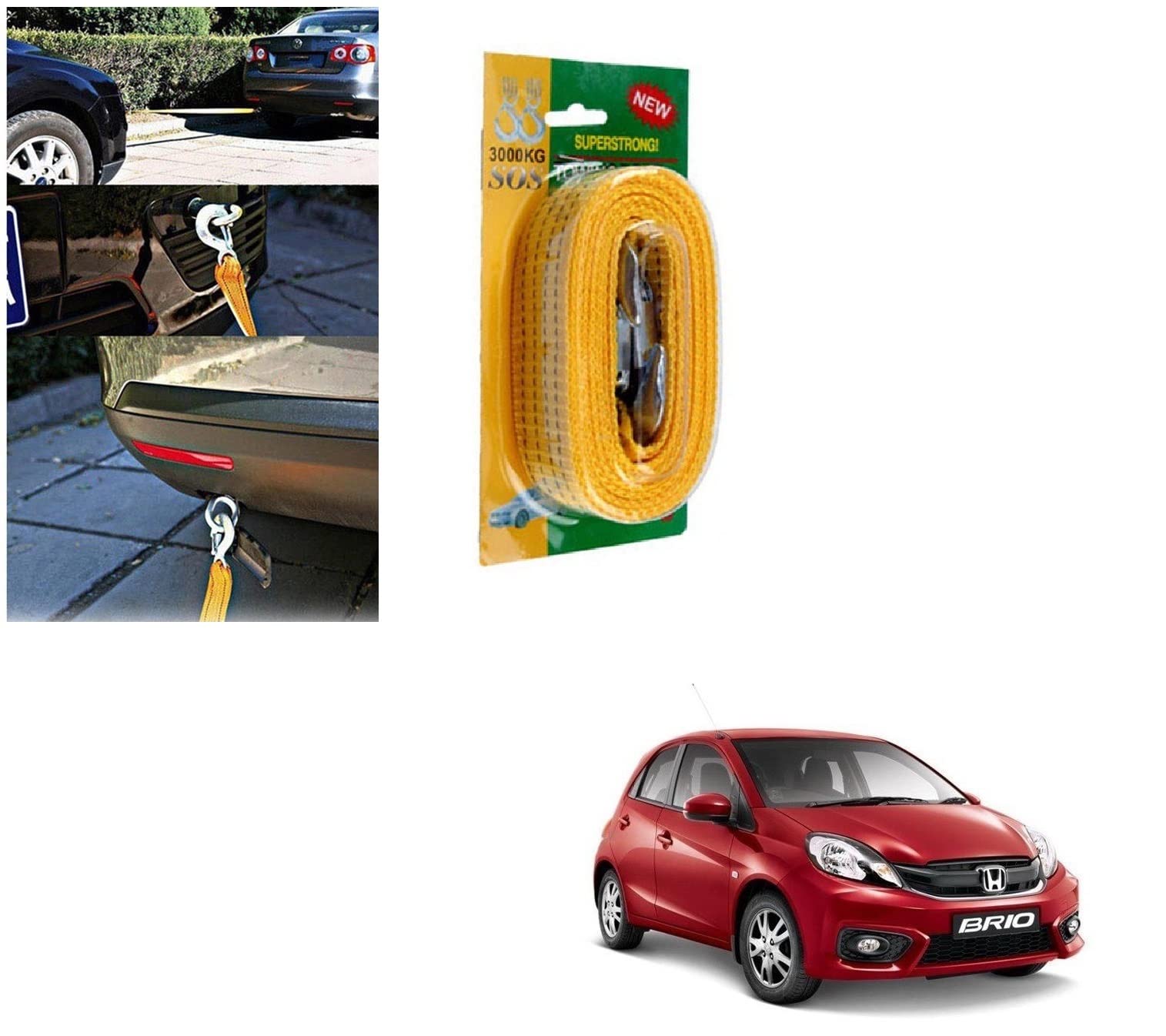 Auto Addict 3 Ton 3 MTR Nylon Car Truck Towing Rope Cable for Heavy Duty Car Emergency Tow Pull Rope Strap Hooks Van Road Recovery for Honda Brio-image-2
