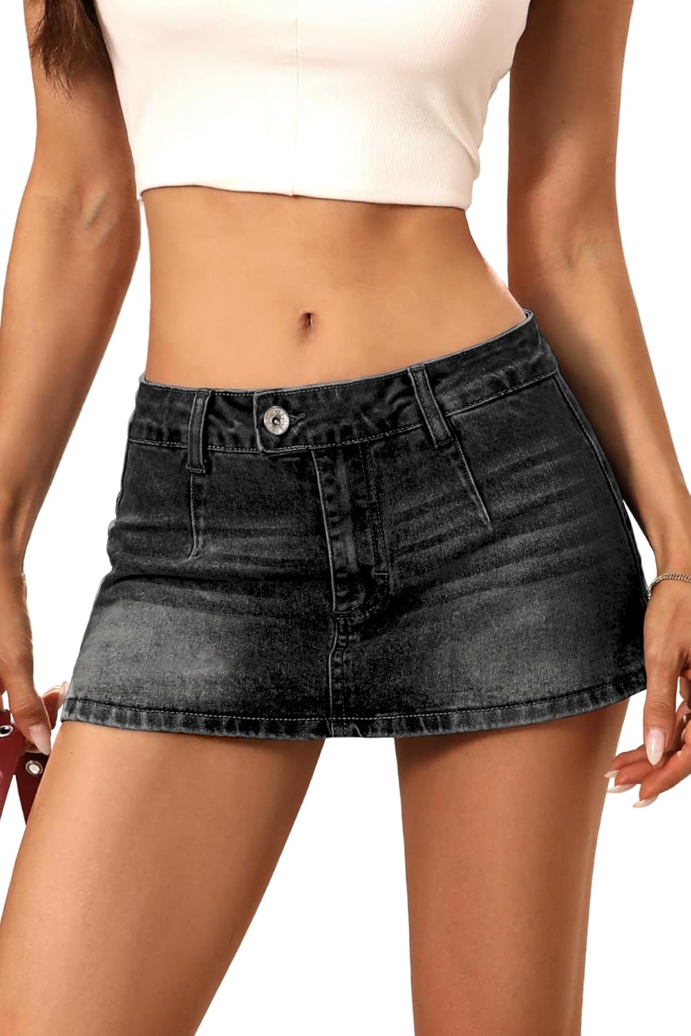 ELLEVEN Low Rise Denim Mini Skirt for Women, High Stretch Jean Skirt with Shorts Underneath Y2k Micro Skort