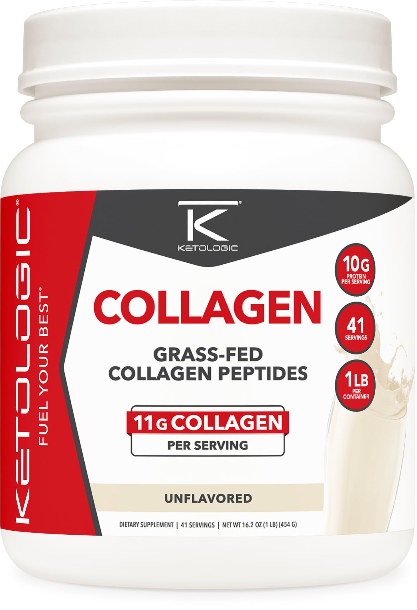 Ketologic Grass Fed Collagen Hydrolysate Powder (Unflavored) (1 LB) - 41 Servings, 11 G Collagen Per Serving, 10 G Protein Per Serving - Grass-fed
