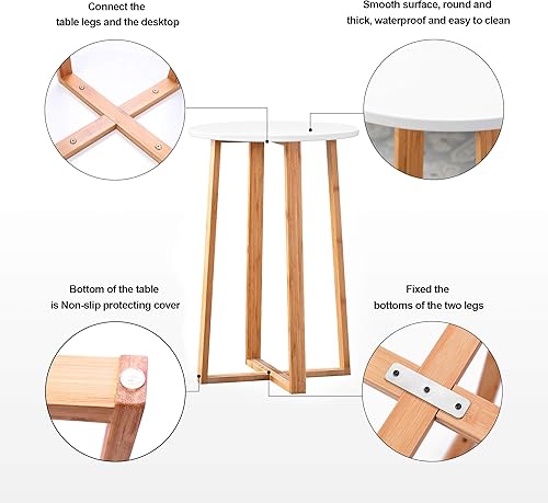 Miniatura 5 de Zoopolyn Mesa auxiliar redonda de bambú Pequeña mesa de noche de café blanco para sala de estar blanca alta