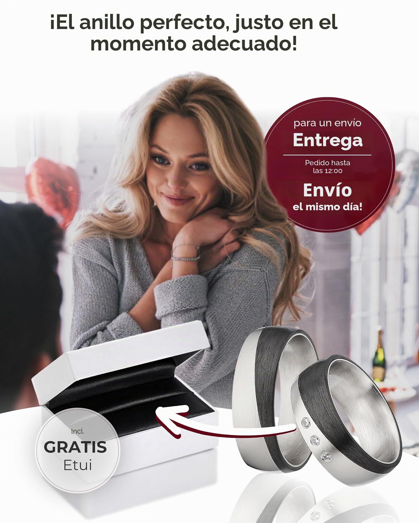 123traumringe Anillos de boda en carbono y titanio, anillos de pareja con 3 circonitas y estuche, anillos de boda grabables con tamaño 50-70 mm,compromiso de en 7 mm de ancho, P28