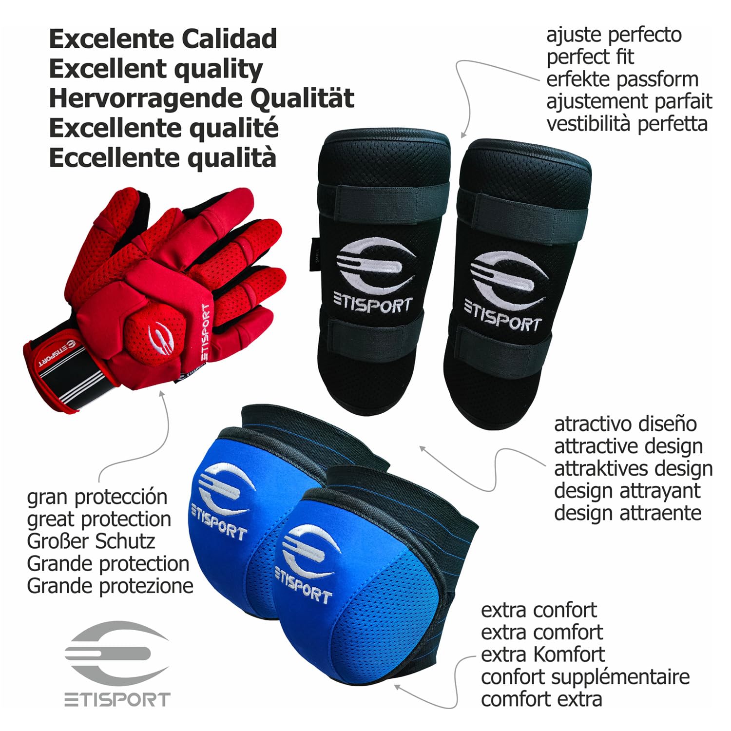 Set de Protecciones, Guantes, Rodilleras, espinilleras, de Hockey Patines para niños Starter. Calidad Profesional; Gran Confort y protección.