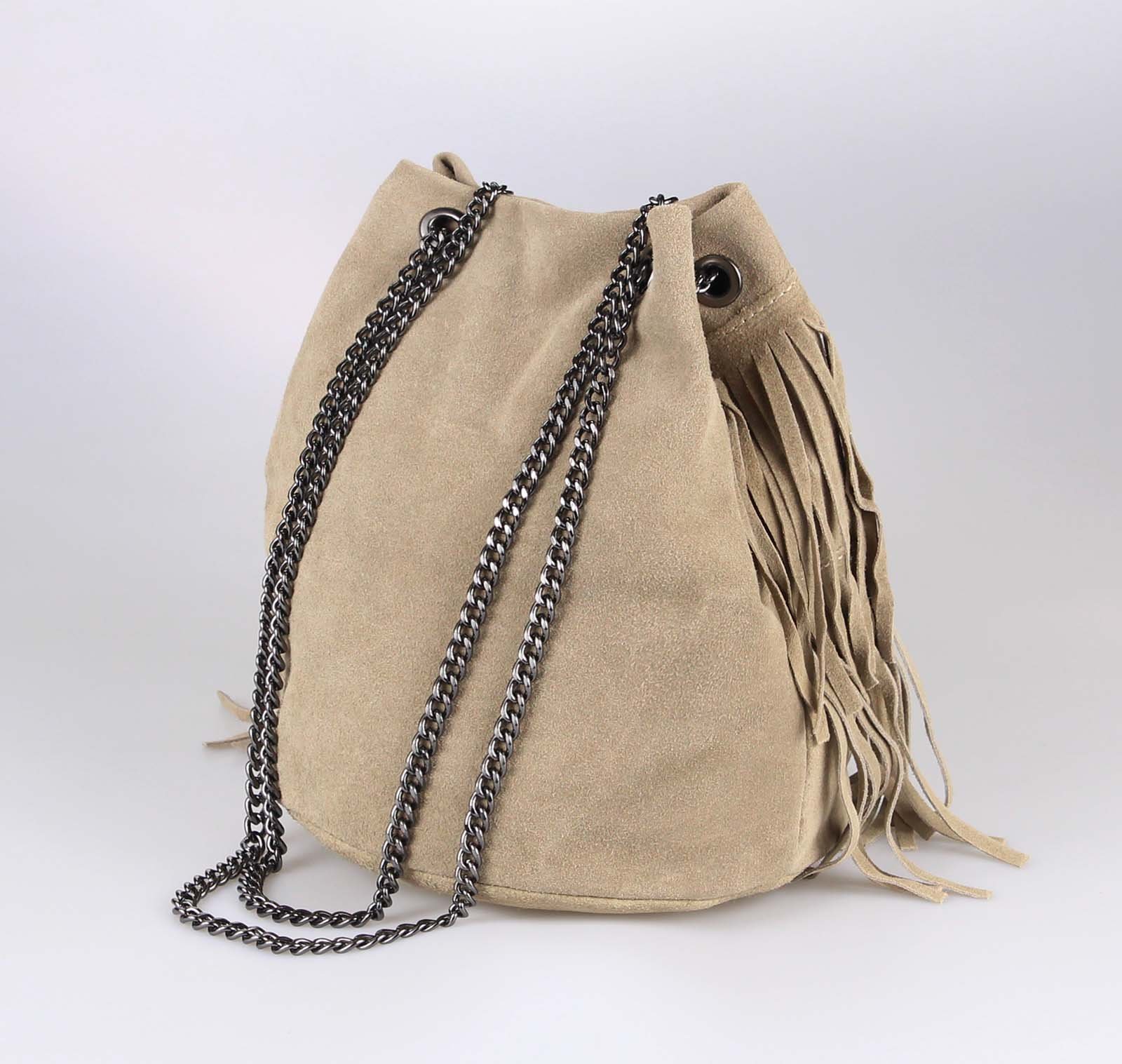 OBC Made in Italy Damen Leder Tasche Fransen Shopper Kettentasche Beutel Wildleder Handtasche Umhängetasche Bucket Bag Schultertasche Ledertasche (Taupe 20x25x19 cm)