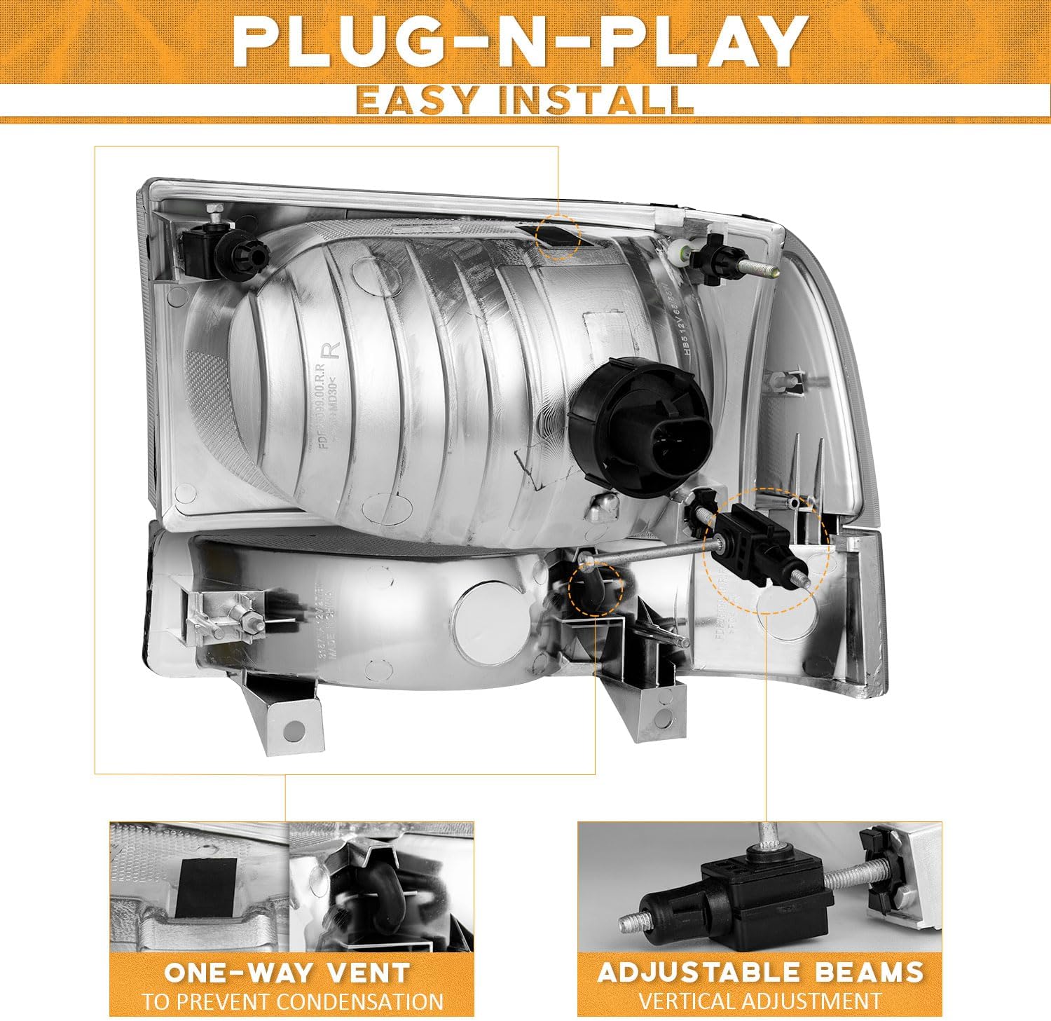 Diagram showing one-way vent and adjustable beams on the back of the headlight assembly