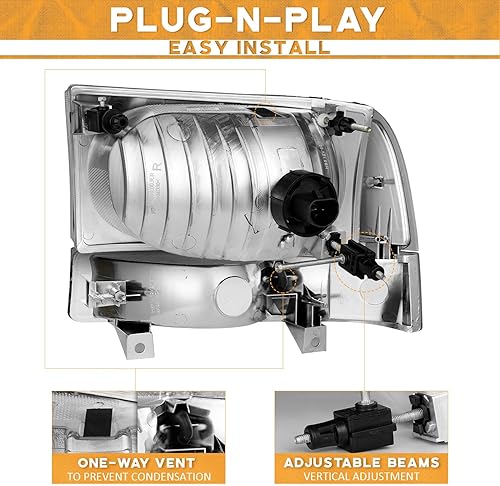 Miniatura 5 de WEELMOTO Conjunto de faros delanteros para Ford Super Duty F250 F350 F450 F550, 2000-2004, Ford Excursion 2000-2004, repuesto con luz de esquina de