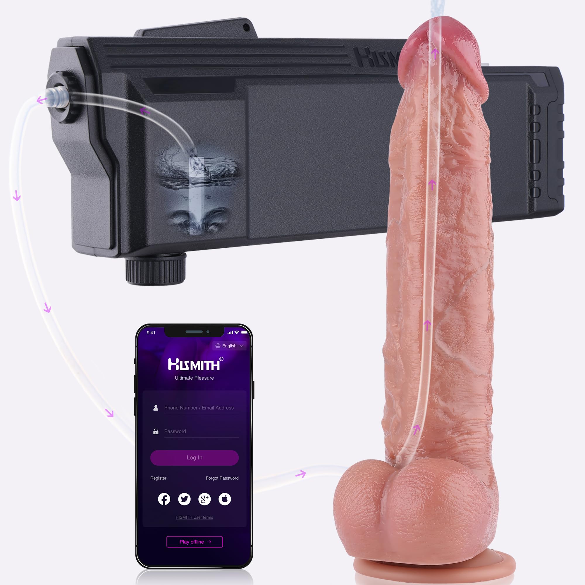 Hismith Godemichet Réaliste Giclant 26 cm avec Lanceur Automatique de Lubrifiant – Applicateur de Lubrifiant Compatible Sex Machines, Contrôle via Application, Godemichet en Silicone avec Ventouse