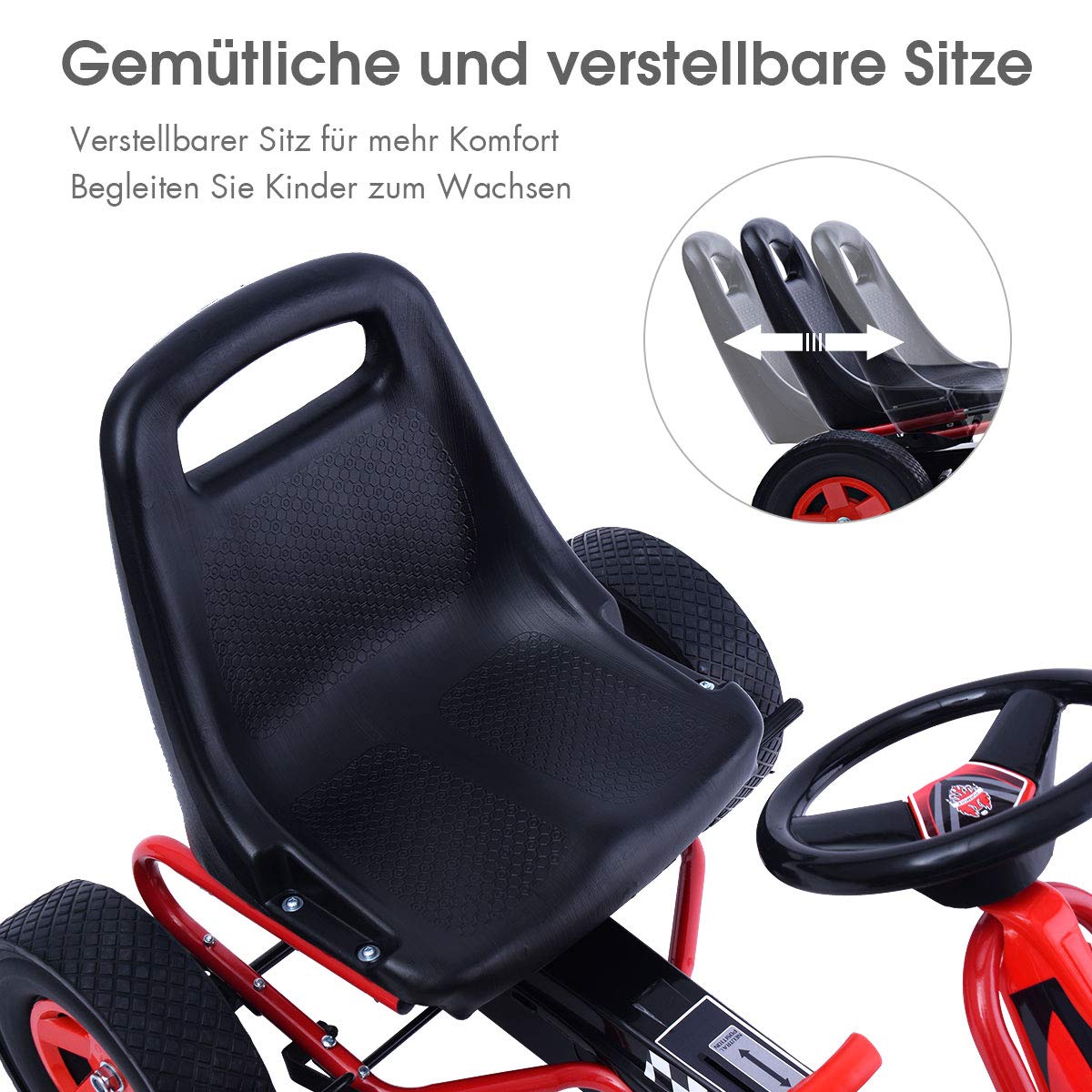 DREAMADE Kinder Go Kart Tretfahrzeug, Tretauto mit Bremsen, Kinderfahrzeug Pedalfahrzeug mit Verstellbarem Sitz für Kinder ab 3 Jahre (Rot)