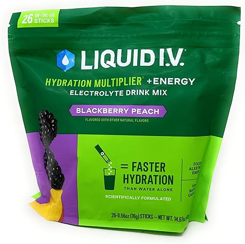 Liquid I.V. Multiplicador de hidratación + mezcla de bebida energética, BlackBerry Peach (paquete de 26)