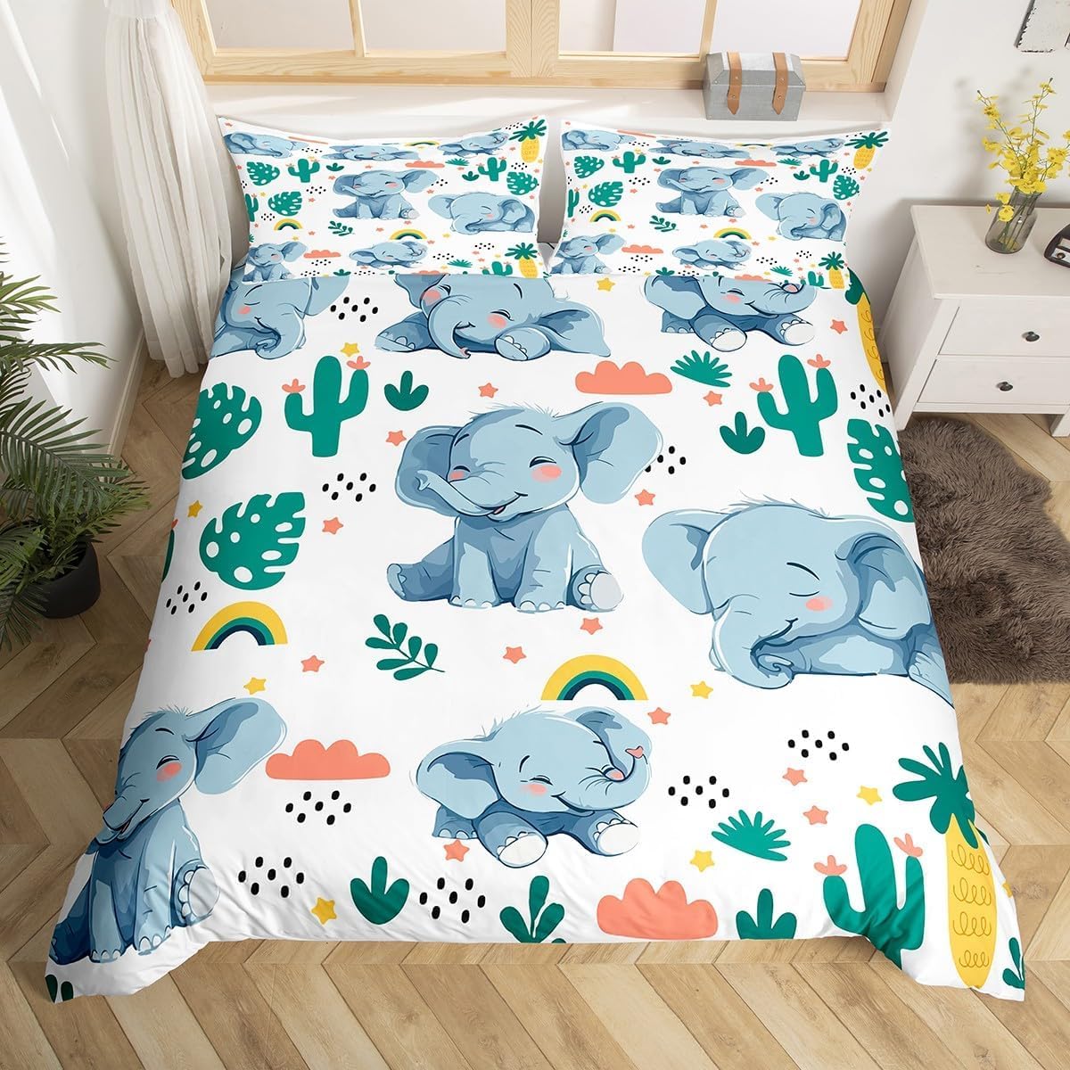 Parure de lit 140x200 éléphant avec housse de couette en microfibre et taie d'oreiller