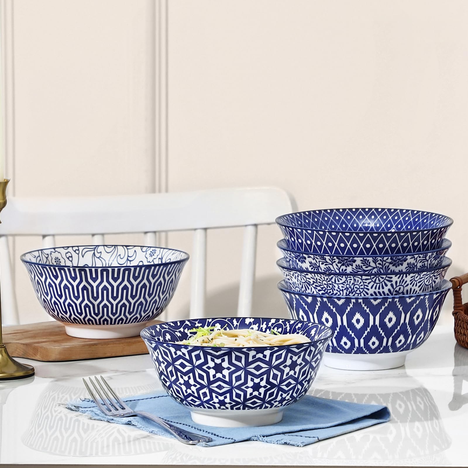 Selamica Porcelanowe miski na płatki śniadaniowe 18 cm, zestaw 6 miseczek do zupy, ceramiczne miski na płatki, zupę, sałatkę i makaron, niebieskie vintage