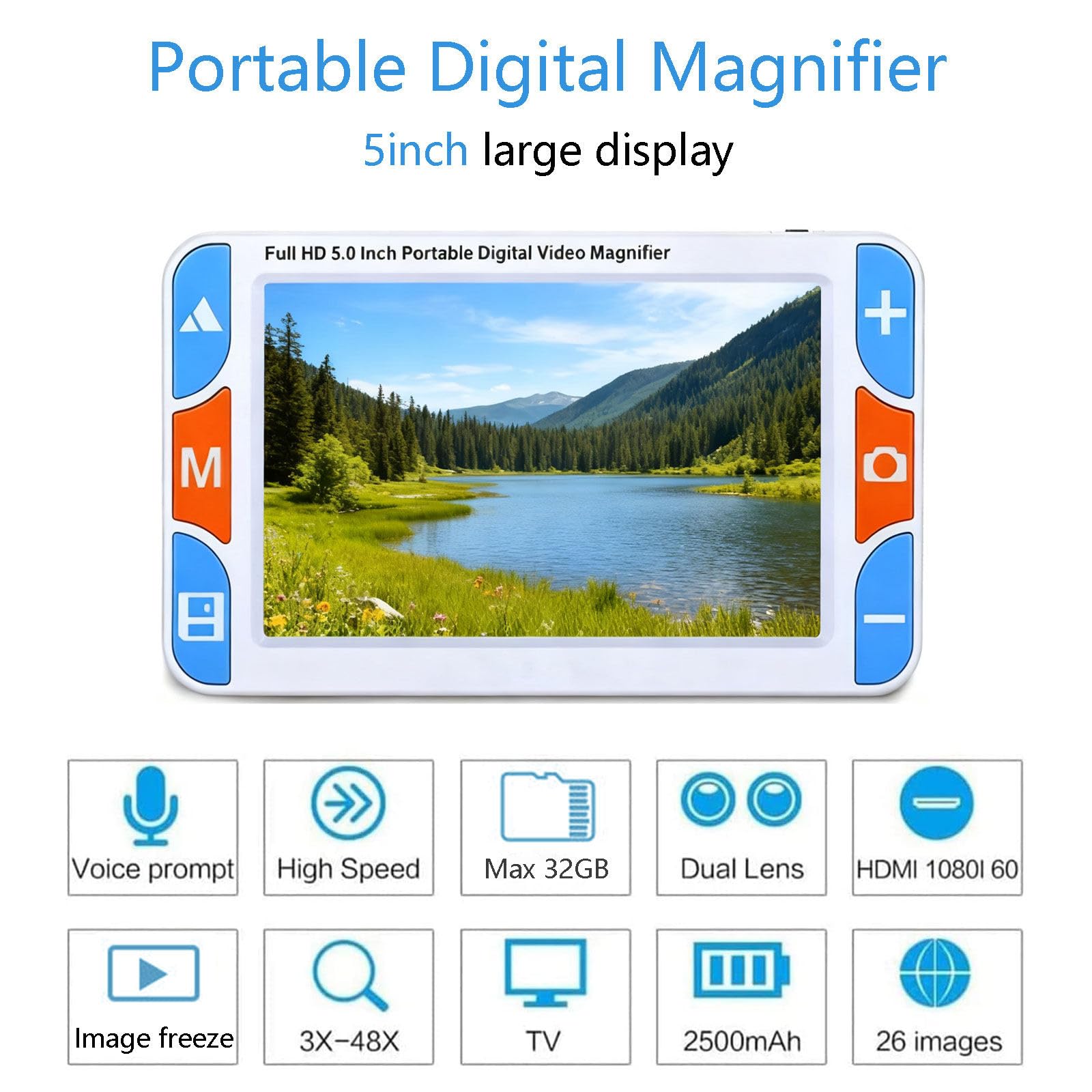Videoingranditore Digitale Portatile Lente di ingrandimento per ipovedenti da 5 Pollici, ausilio visivo per Gli Anziani, ipovedenti,con Doppia Fotocamera per Visione da Lontano e da Vicino