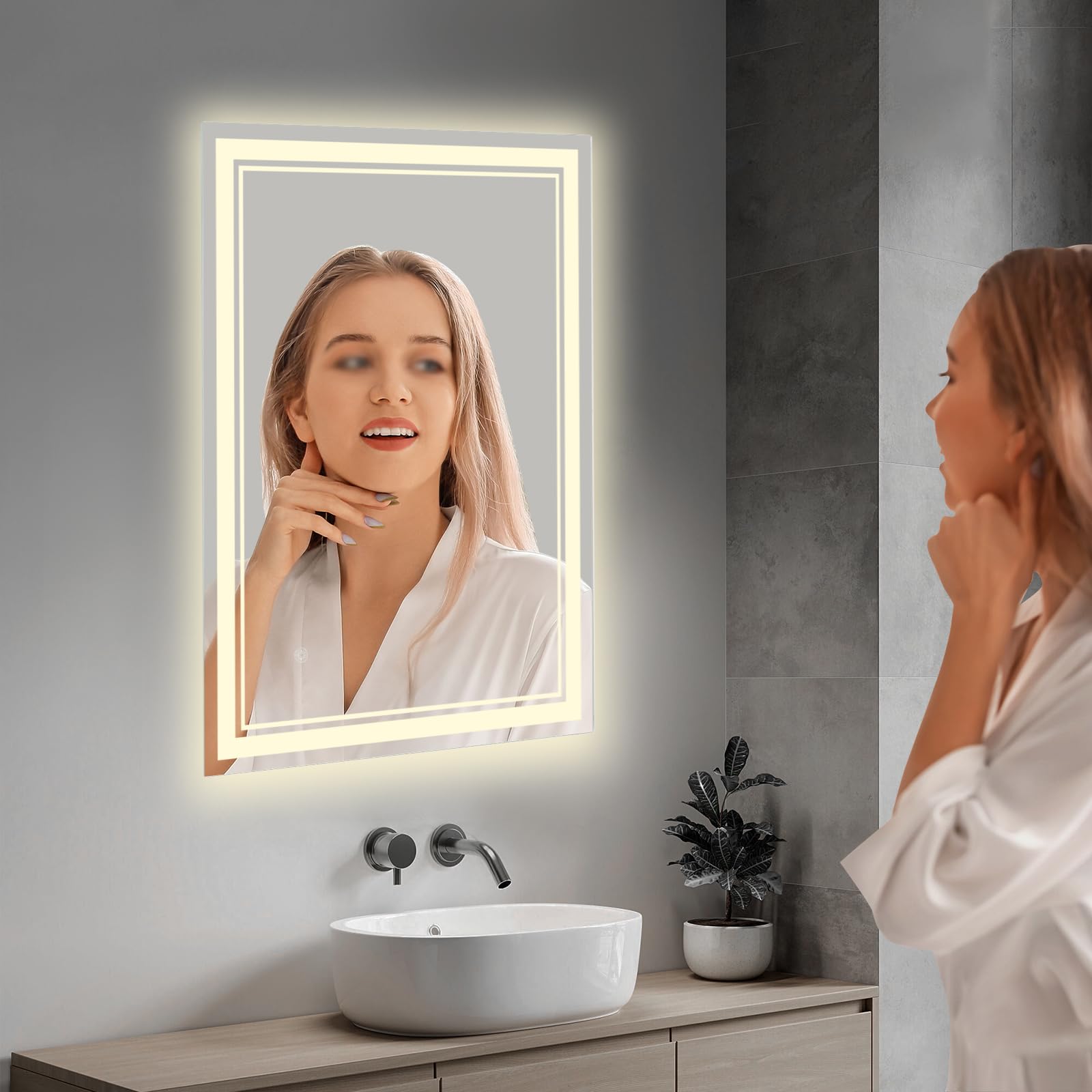 Espejo de baño con iluminación LED, espejo de baño con iluminación, 3 temperaturas de color, resistente al agua IPX4, control táctil, con función de memoria (80 x 60 x 2,5 cm)