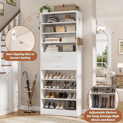 Miniatura 3 de Aheaplus Tall Shoe Cabinet, 10 Tiers Wood Shoe Rack, Vertical Shoe Storage Organizer with 2 Drawers, Narrow Shoe Shelf Tower for 24-28 Pairs, Space