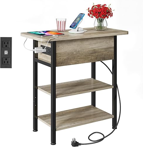 Miniatura 10 de WLIVE Mesa auxiliar con estación de carga, mesa auxiliar estrecha con tapa abatible y estante de almacenamiento, mesita de noche pequeña con puertos