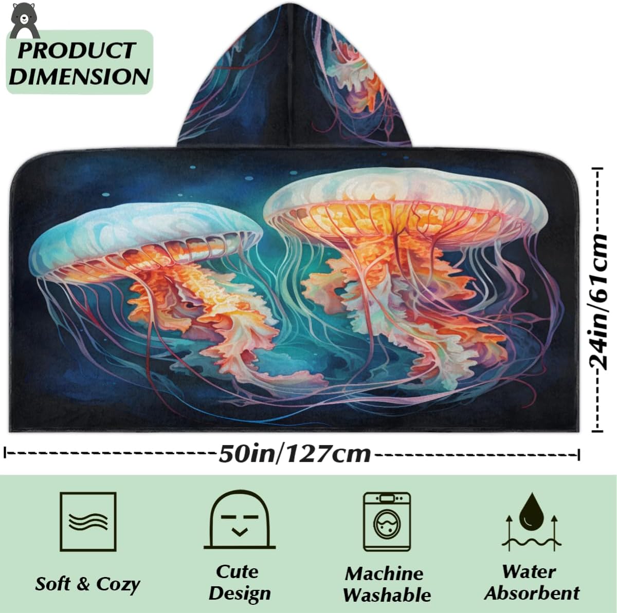 Pardick Kids Bath Towel 3D Aniaml Jellyfish Beach Towel with Hood Pool Cover Up for Girls Boys Soft Absorbent Hooded Bath Towel Toddler Towels for Beach, Pool