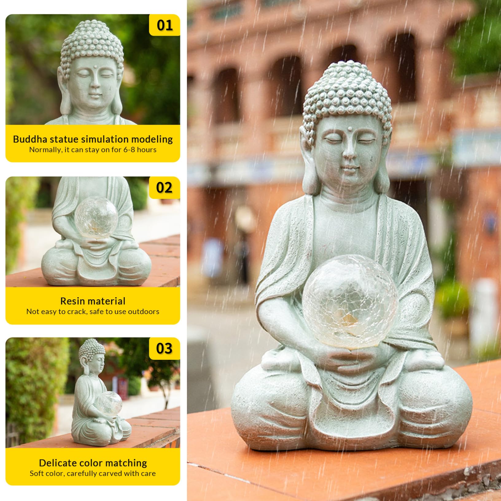 Estatua de Buda para decoración al aire libre, LED impermeable a prueba de sol, figura de jardín de Buda con energía solar, ideal para decoración de meditación en jardín, patio o césped, inauguración