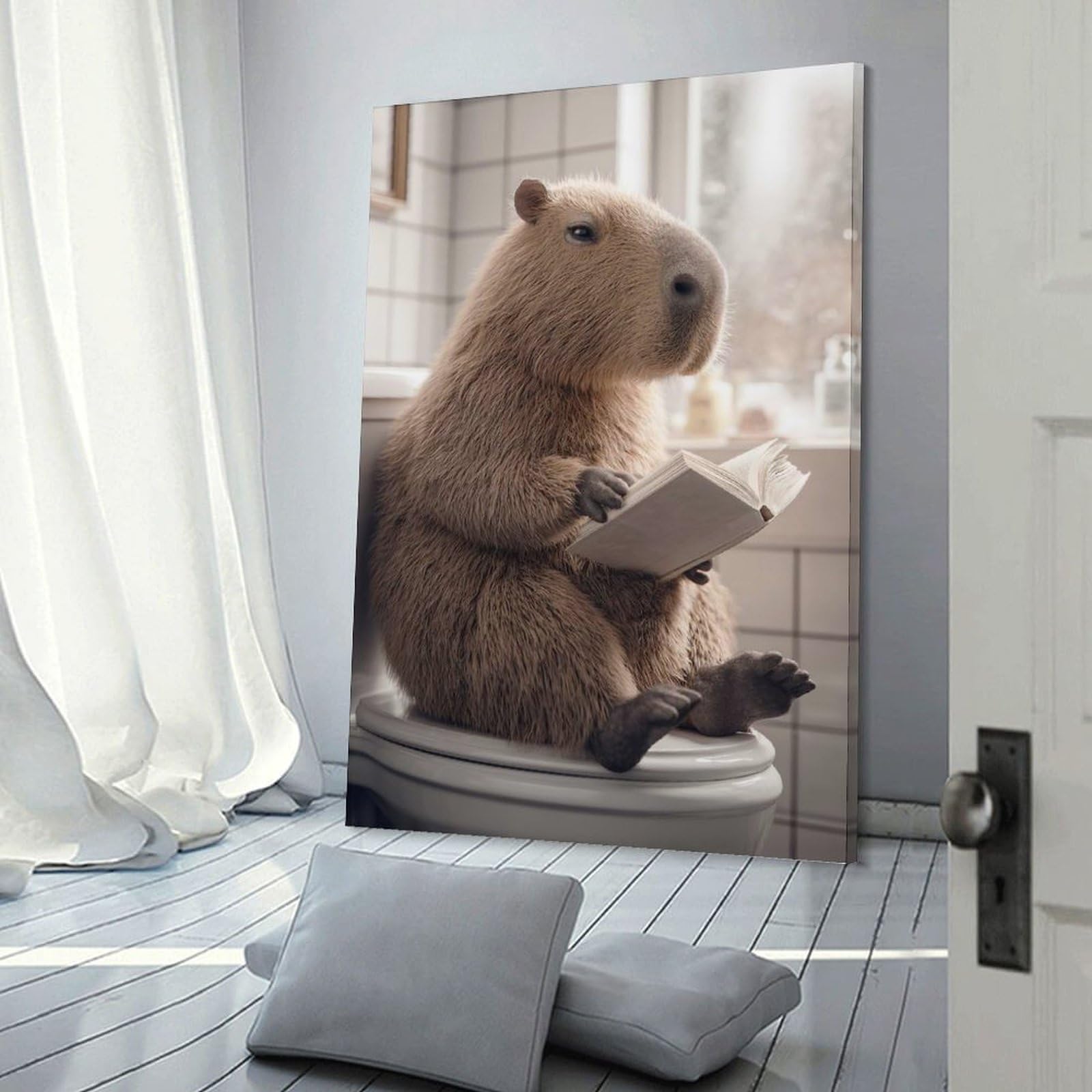 Junmoney Frame-Style-9 Capybara Reading On Toilet Decorative Wall Artwork 24X36inch(60X90cm), For Corridors, Hallways Or Apartment Entries, Home Artwork For First Impressions