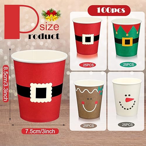 Miniatura 3 de 100 vasos de papel de Navidad, vasos de café desechables de Navidad, copos de nieve, Papá Noel, elfo, muñeco de nieve, alce, tazas de Navidad de 9