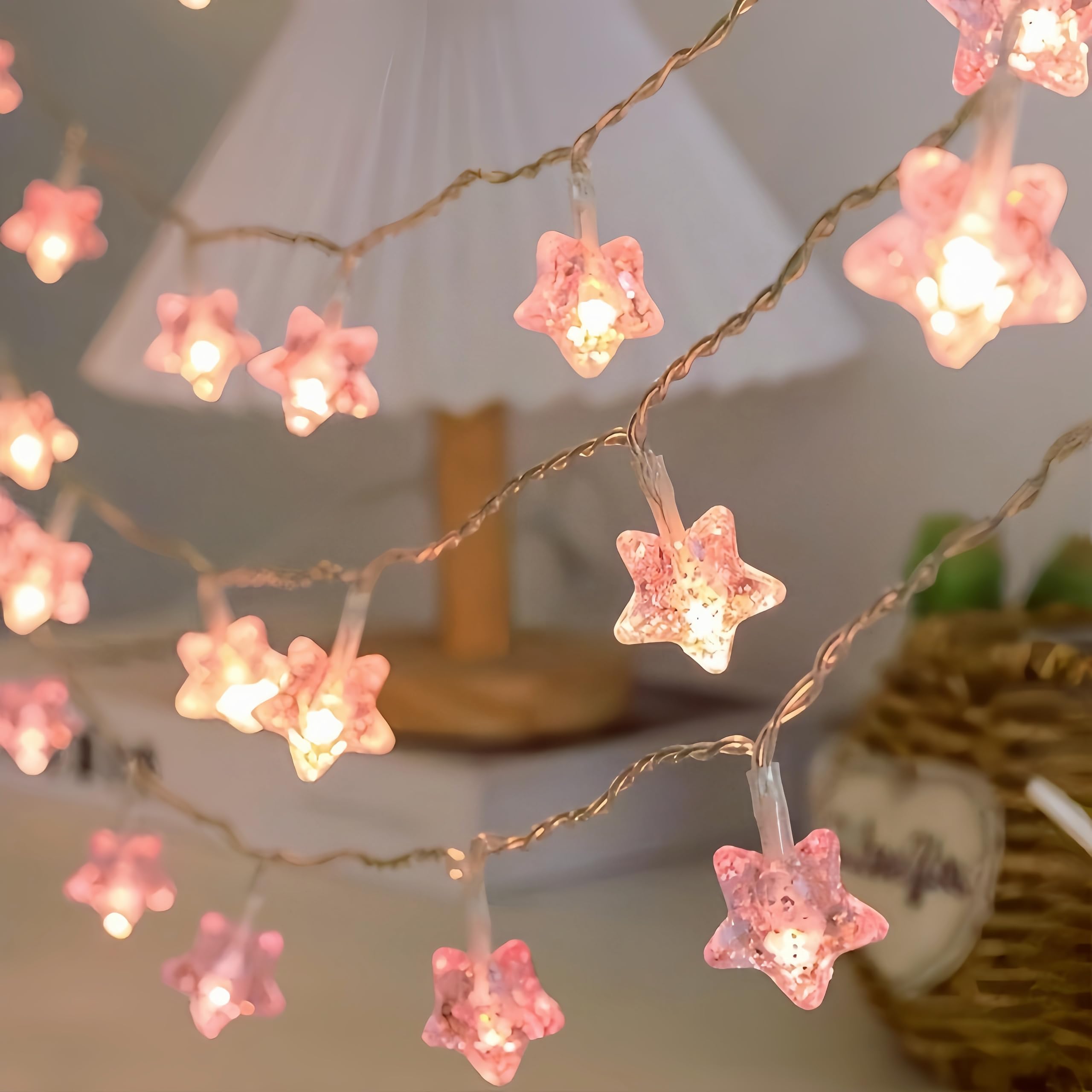HHMTAKA Star Fairy Lights 5M 30LED Battery Powered String Lights Two Mode Decoration Lightning for Christmas Wedding Birthday Valentine Party Bedroom Indoor&Outdoor (Shining Pink Star)