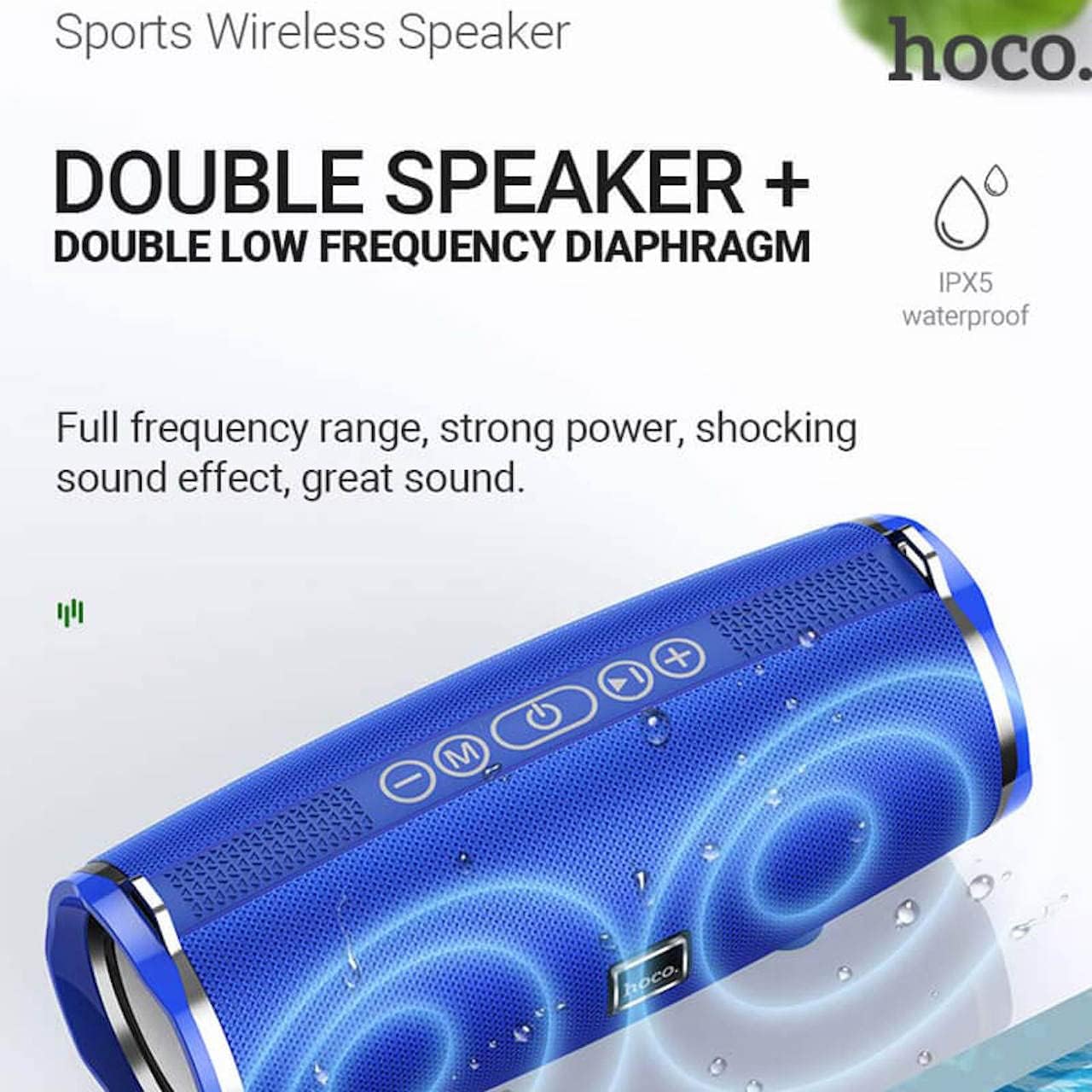 Hoco BS40 speaker showing IPX5 waterproof rating and double speaker with double low frequency diaphragm.