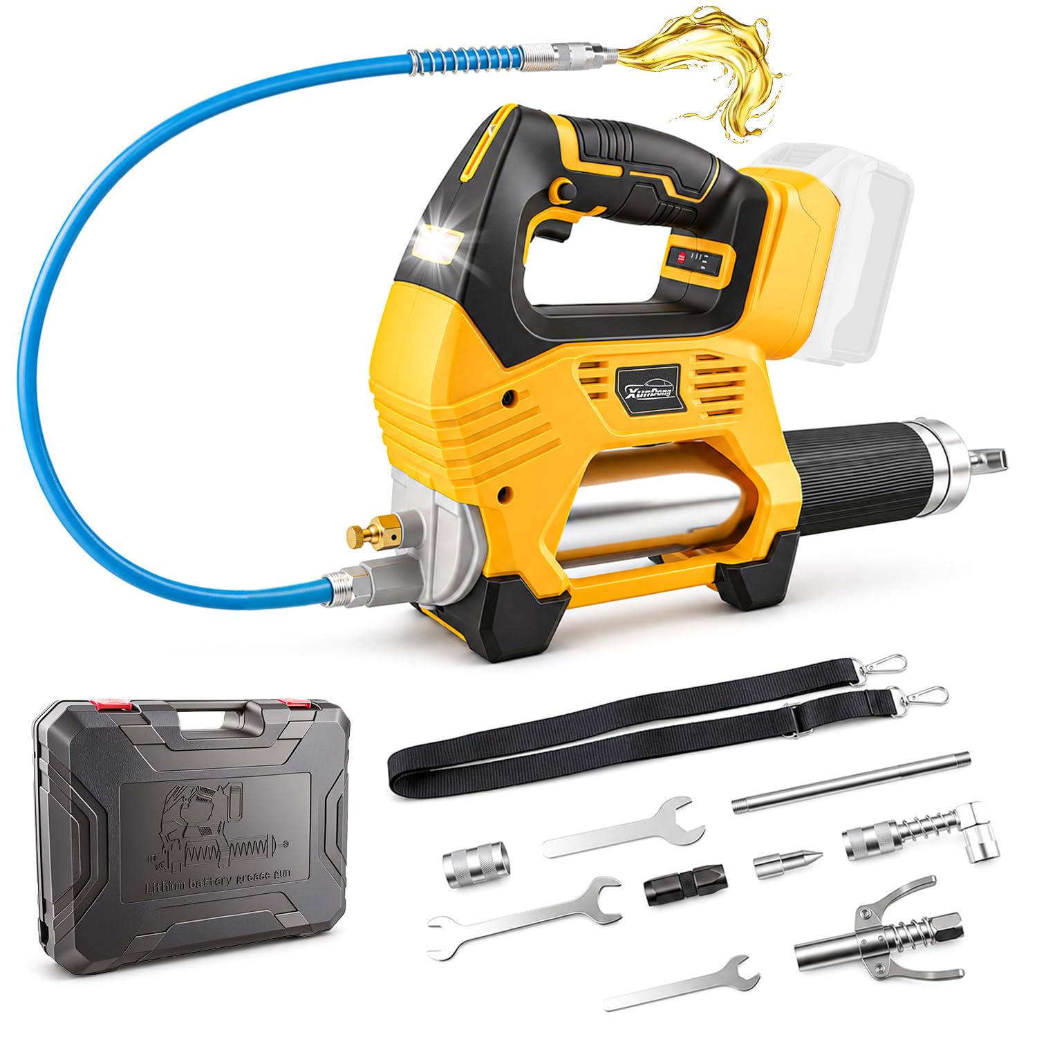 Pistola de grasa inalámbrica compatible con batería DeWalt de 20 V, 12000 PSI de alta presión, agarre en línea con una sola mano, manguera de 39.4 pulgadas y 4 acopladores, pistola de grasa