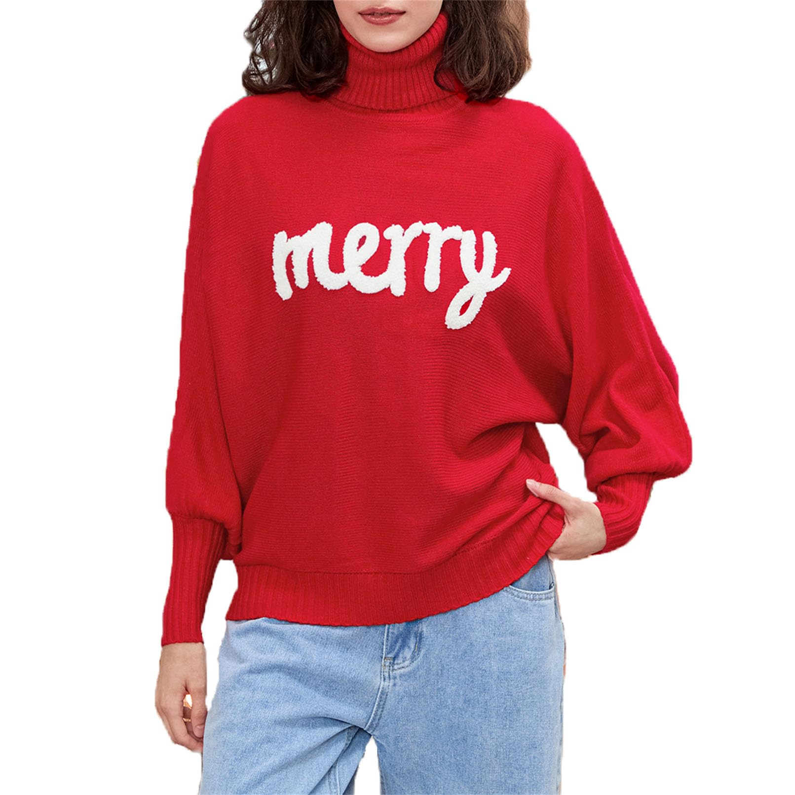 Women Ugly Christmas Tutleneck Sweater Loose Long Lantern Batwing Sleeve Merry Print Knitted Pullover Holiday Jumper