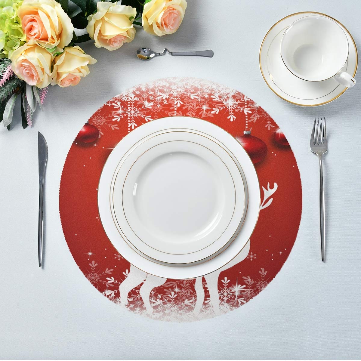 Set di 4 tovagliette rotonde con fiocco di neve di Natale, colore