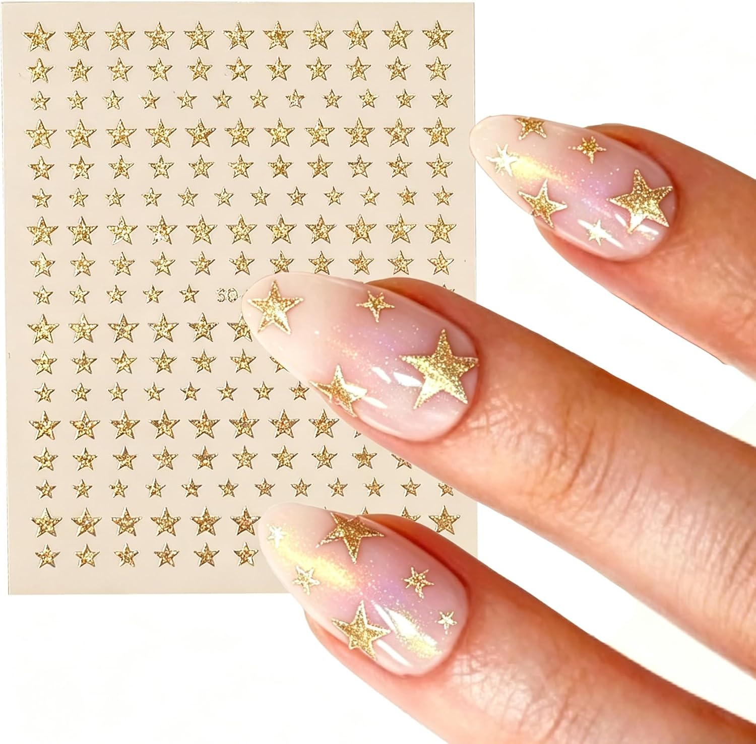 2 Sheets Star Nail Stickers, 3D Self-Adhesive Holographic Laser Art Stickers for Women's Nail Design (2, Gold)