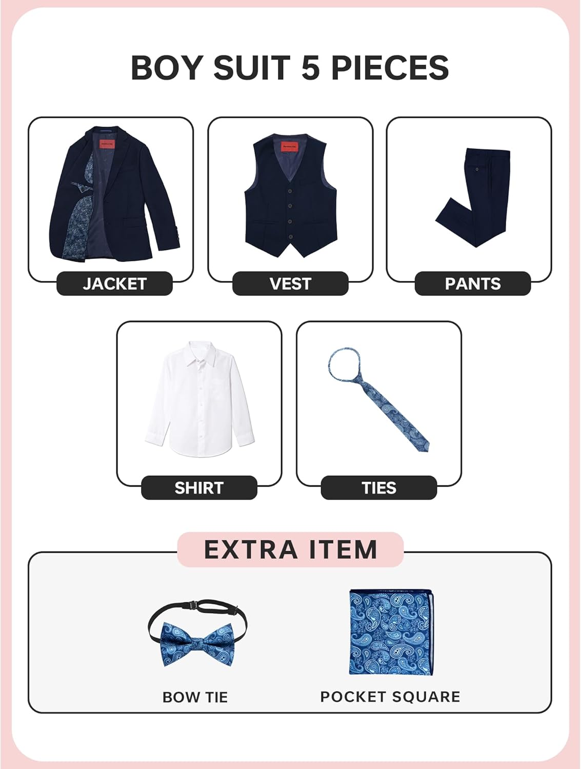 Boys Formal Suit Set 5 Pieces Slim Fit Ring Bearer Outfit Black Suits