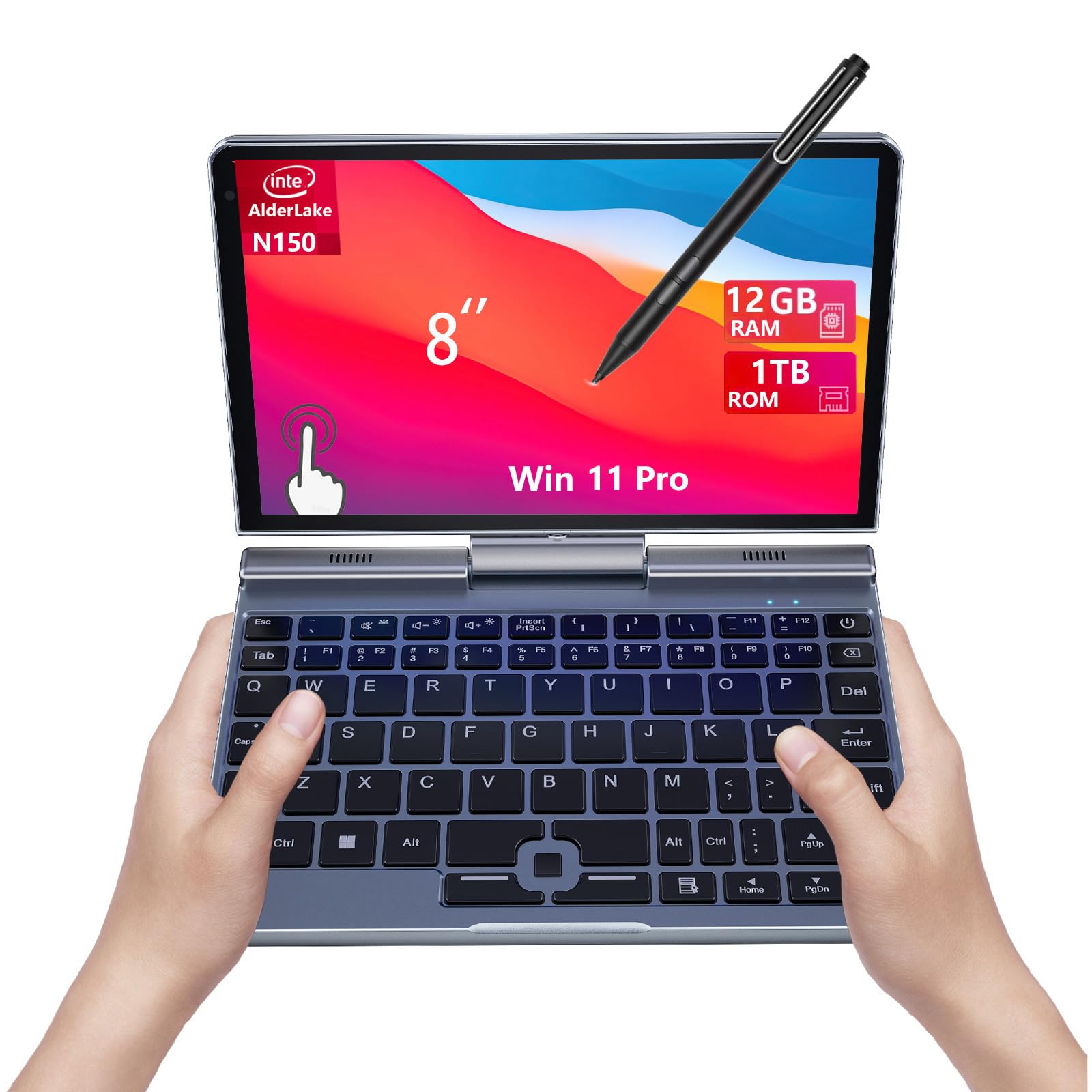 8 Inch 2-in-1 Mini Laptop,HD Rotatable Touch Screen Support Handwriting Windows 11 Pro Small Laptop, N150,12GB RAM, 1TB SSD,Wi-Fi 6, BT 5.2,2 MP Camera,G-Sensor,HDMI,Type C Ultra Pocket PC