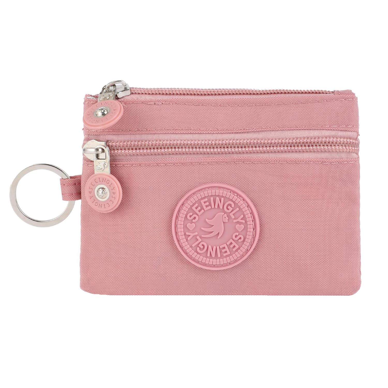 ERJUR Small Wallet for Women Men Coin Purse Change Holder Zipper Nylon Coin Purse with Keychain (Pink)