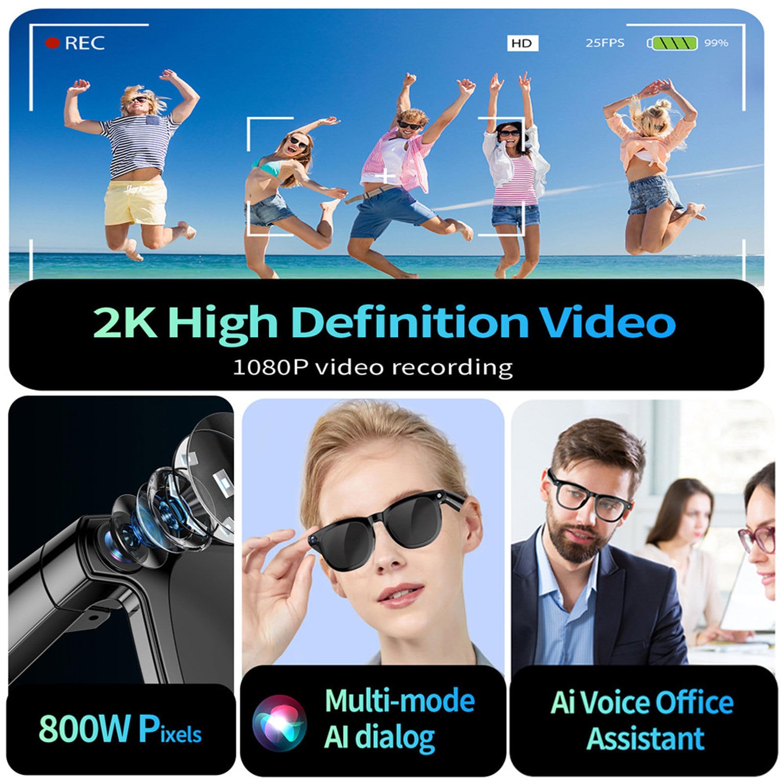 Lunettes Intelligentes AI Avec Caméra, Photos 4k / Vidéo 1080p/ Traduction En Temps Réel/Bluetooth 5.3, Pour Hommes Et Femmes Cyclisme Randonnée Voyages Affaires Et Vidéos