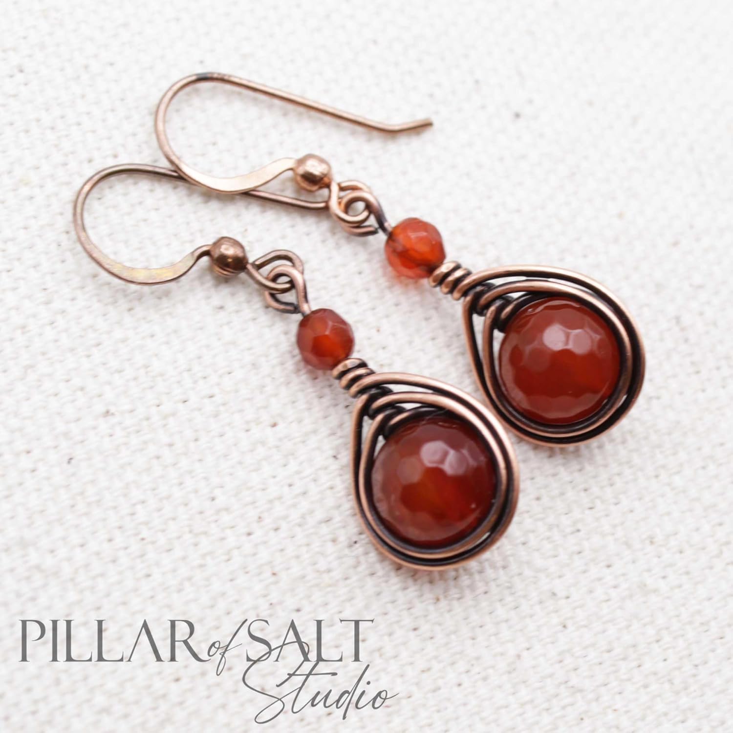 Pillar of Salt Studio Handcrafted Solid Copper Earrings with Carnelian Gemstone (Antiqued Copper, 1" drop) - Image 6