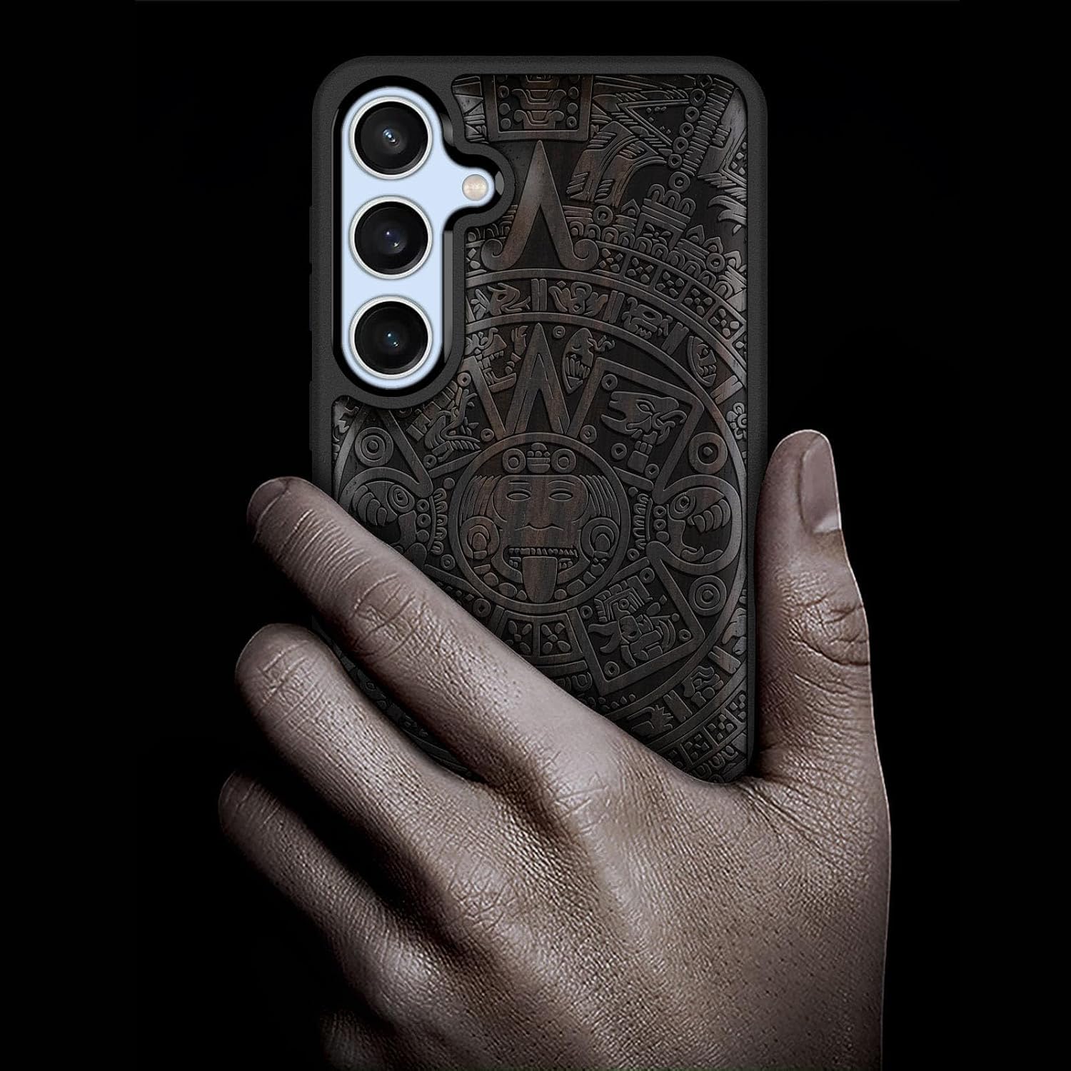 Carveit Wood Case for Galaxy S24 FE Case [Natural Wood & Black Soft TPU] Shockproof Protective Cover Unique Wooden Design Compatible with S24 FE (The Maya Calendar-Blackwood)