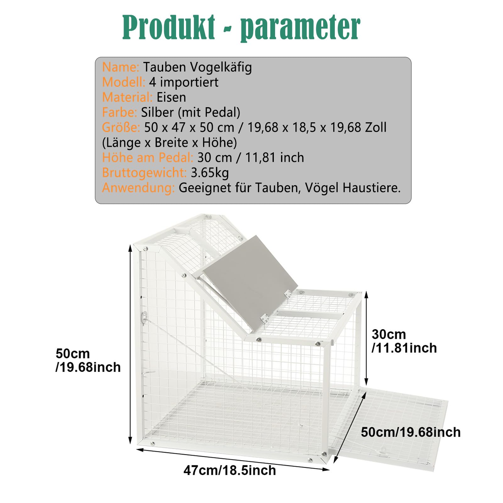 Vogelkäfig Taubenkäfig Aus Metall Vogelvoliere Mit 4 Einlässe Und Abnehmbar Fallen-Tür Portable Brutkäfig Für Taube, Papageien, Sittiche Und Andere Vögel - 50 X 47 X 50 cm