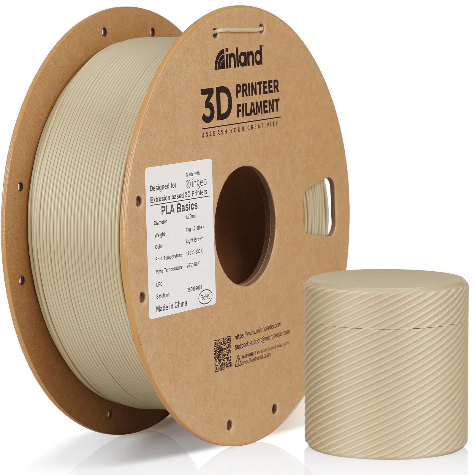 Inland PLA Basics Filament 1.75mm, 1kg Spool – Dimensional Accuracy ±0.02mm, Neatly Wound, Fits Most FDM 3D Printers (Light Brown, 1 Pack)
