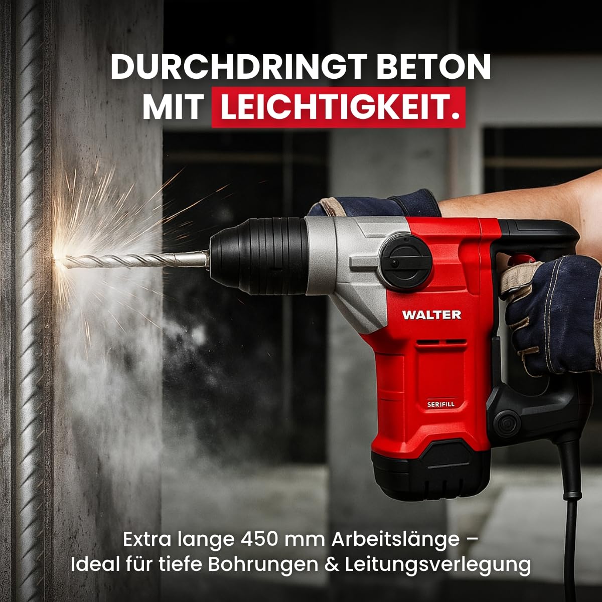 WALTER SDS+ Steinbohrer Set 5-tlg. | Extra lange Betonbohrer Ø 10-25 mm | 450 mm Arbeitslänge | Passend für alle SDS Plus Bohrfutter | Hartmetall, langlebig & kraftvoll